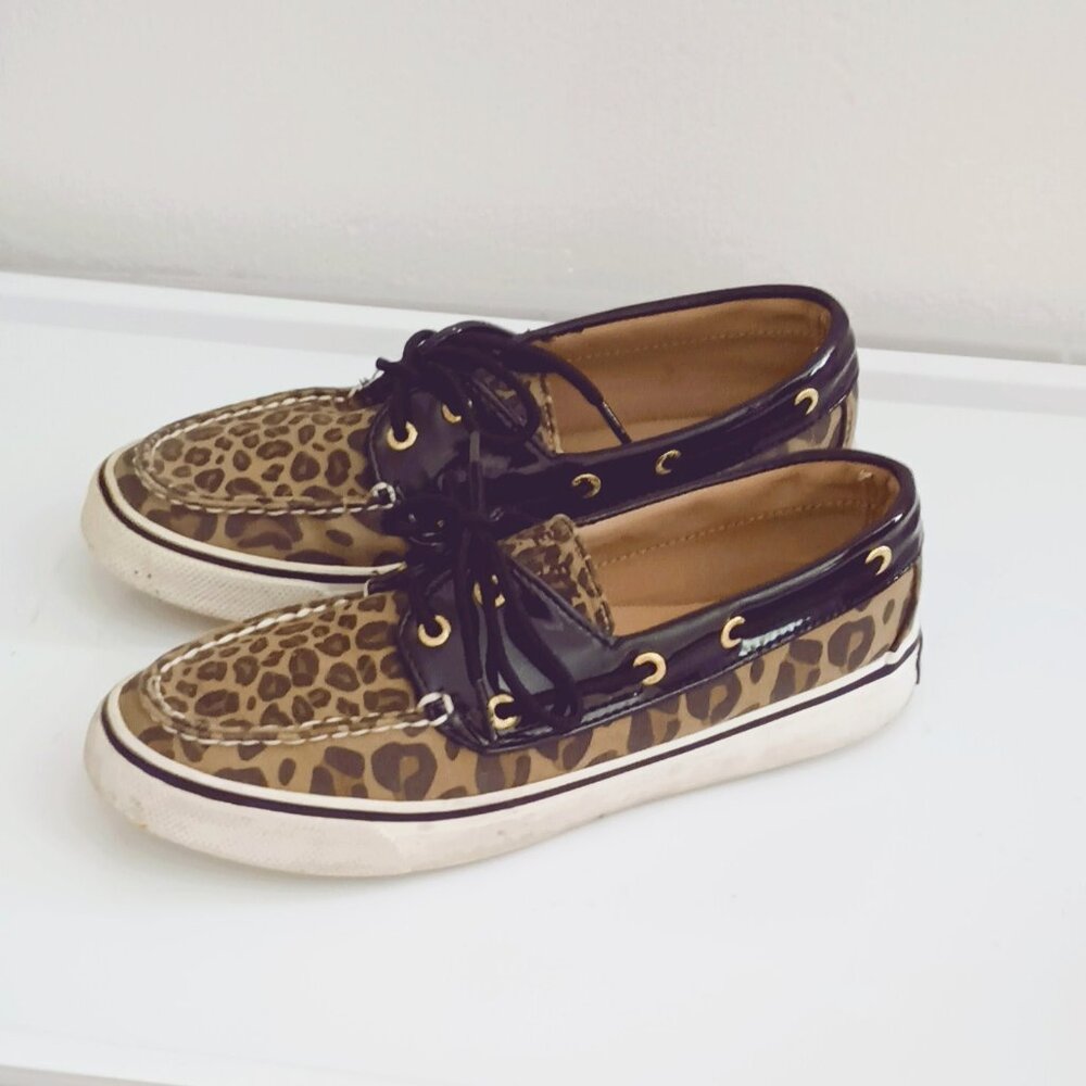 Sperry Leopard Topsiders Boat Shoes 6 Women's Canvas Black Patent Leather Trim